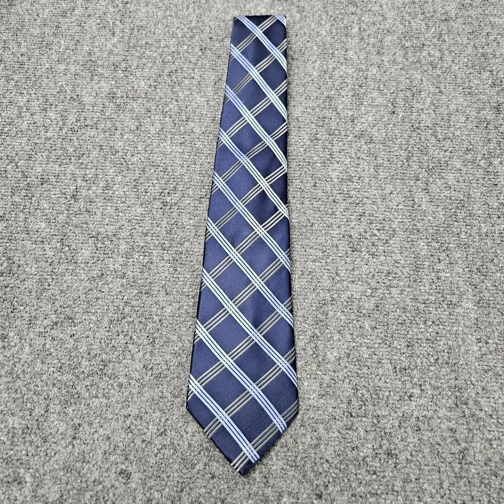 Bugatti Neck Tie Blue Diamond Plaid‎ Pattern 100% Silk Navy White Band Stripes
